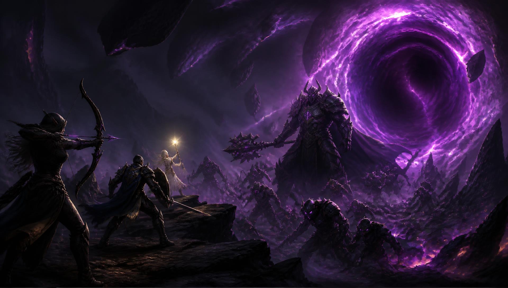 Nemesis Rift clan members facing a void knight and a purple rift vortex